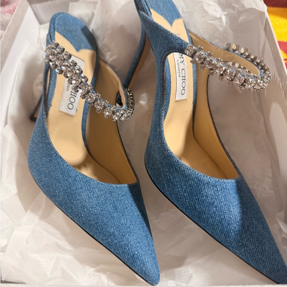 Jimmy Choo denim Heels with Crystal Embellishment